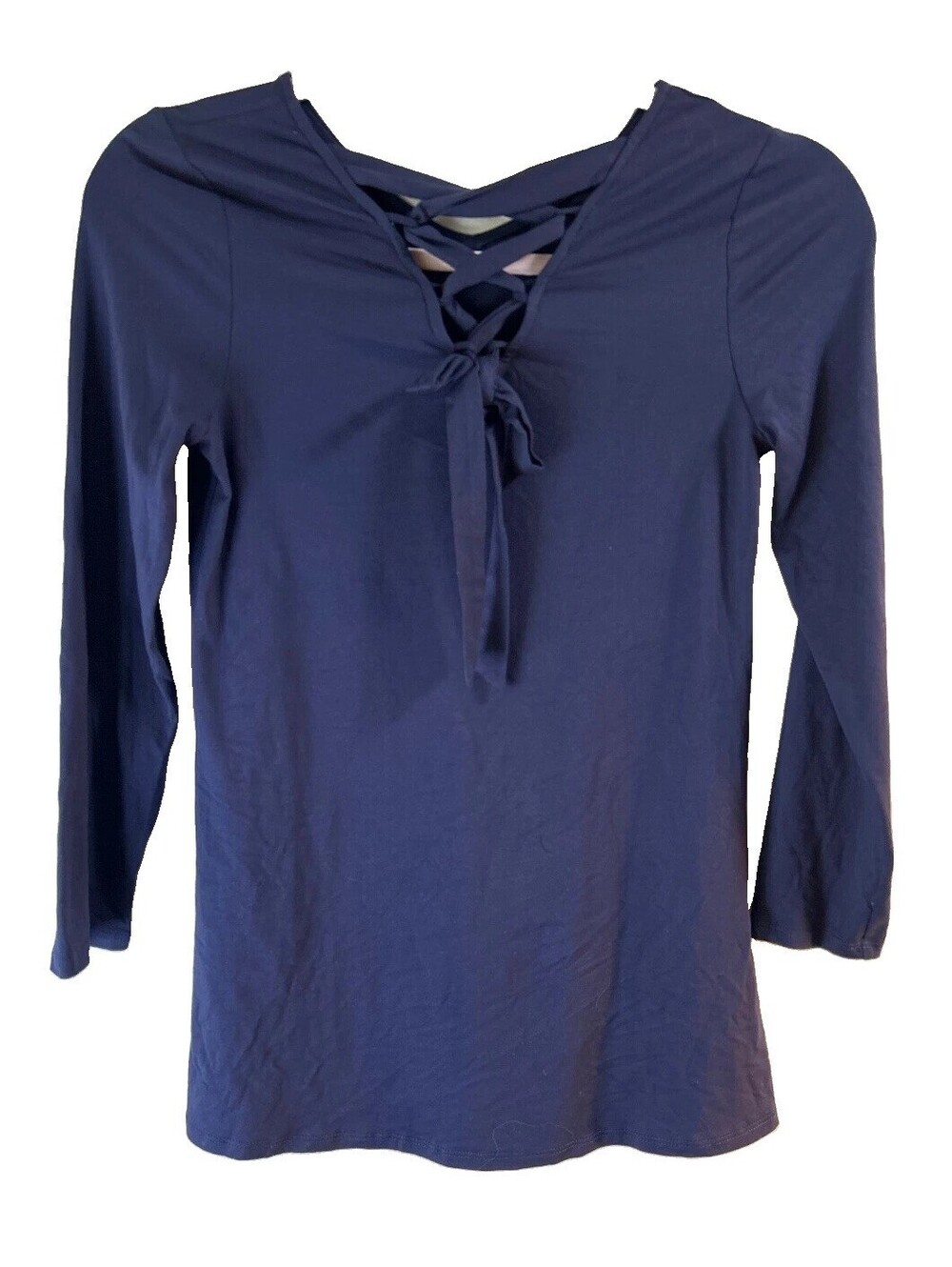 IZ Byer Girls L 14 Navy Lace Up V Neck 3/4 Sleeve Stretch Top